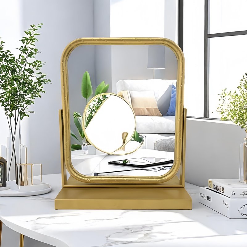 Deng YH Tabletop Vanity Mirror Adjustable Rotation Golden Metal Framed Gold Vanity Mirror, Room for Living Room,Bedroom,Tabletop,Bathroom.