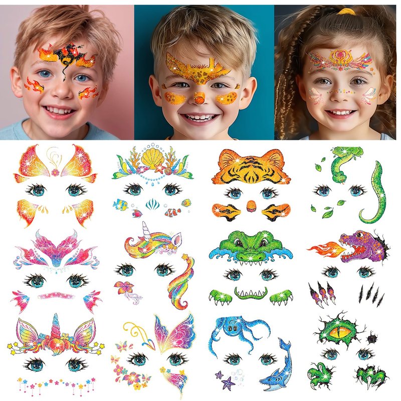 Leesgel 24 Sheets Glitter Face Tattoos for Kids - Face Paint Tattoos for Boys Girls Birthday, Party Favors, Prizes for Kids Classroom, Trick or Treat, Goodie Bag Stuffers, Stocking Stuffers and Gifts