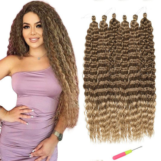 MAYSA Ocean Wave Crochet Hair Extensions 30in Ombre Crochet Hair 6Packs Soft Synthetic Braiding Curly Crochet Hair for Women #T8/24 Brown mix Blonde