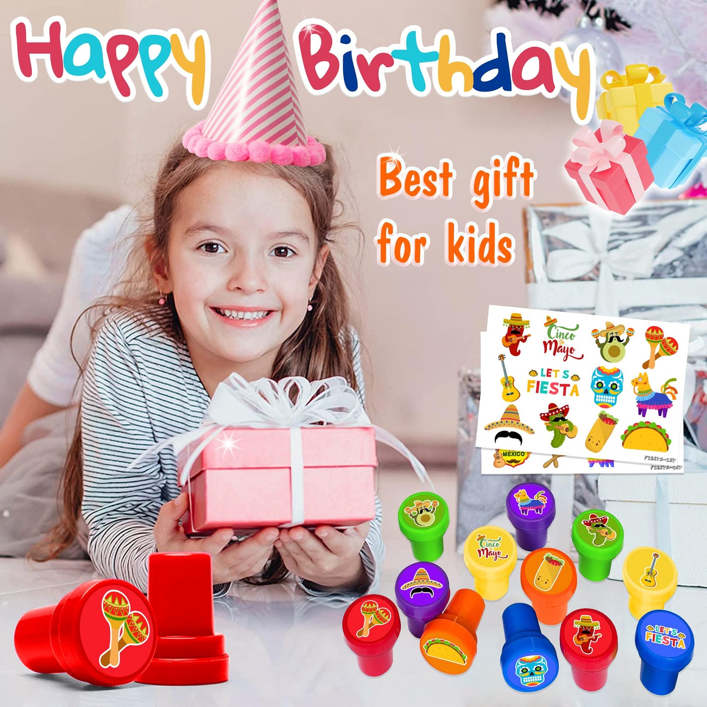 36PCS Fiesta Party Favors - 24PCS Temporary Tattoos & 12PCS Stamps - Ideal Mexican Cinco de Mayo Taco Themed Birthday Card Decorations Supplies Goodie Bag Cute Rewards for Boys Girls Kids Gifts Prizes