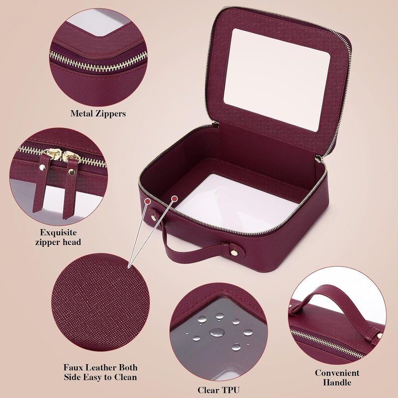 Clear Makeup Bag - Waterproof Travel Case for Cosmetics & Toiletries | Women's Organizer in Pink & Burgundy (L, M, Mini)