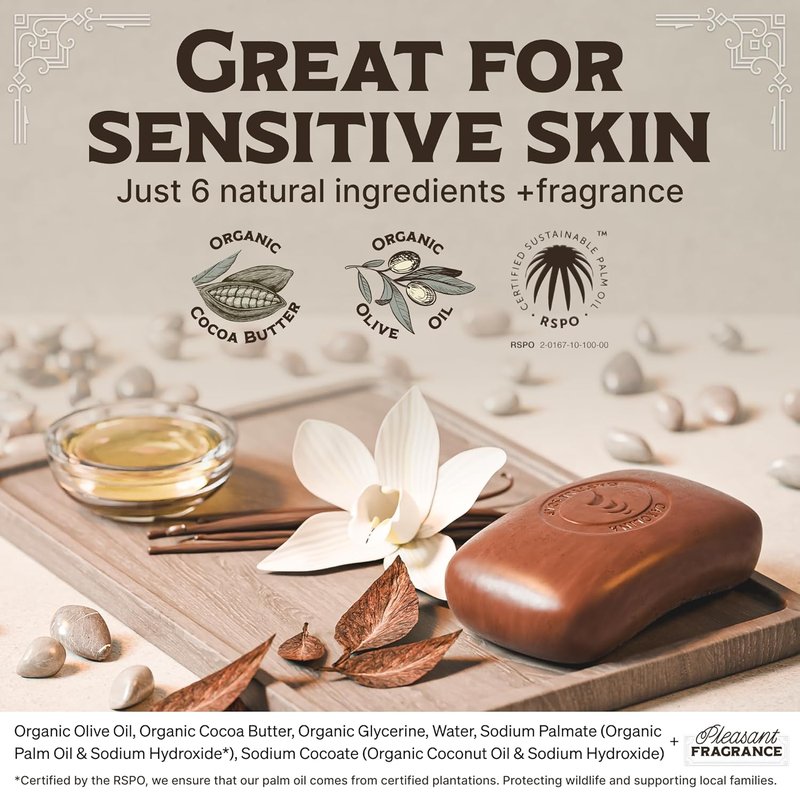 Castile Soap Bar for Sensitive Skin - Natural Olive Oil & Cocoa Butter | Vegan Tobacco Vanilla Scent, 5 oz