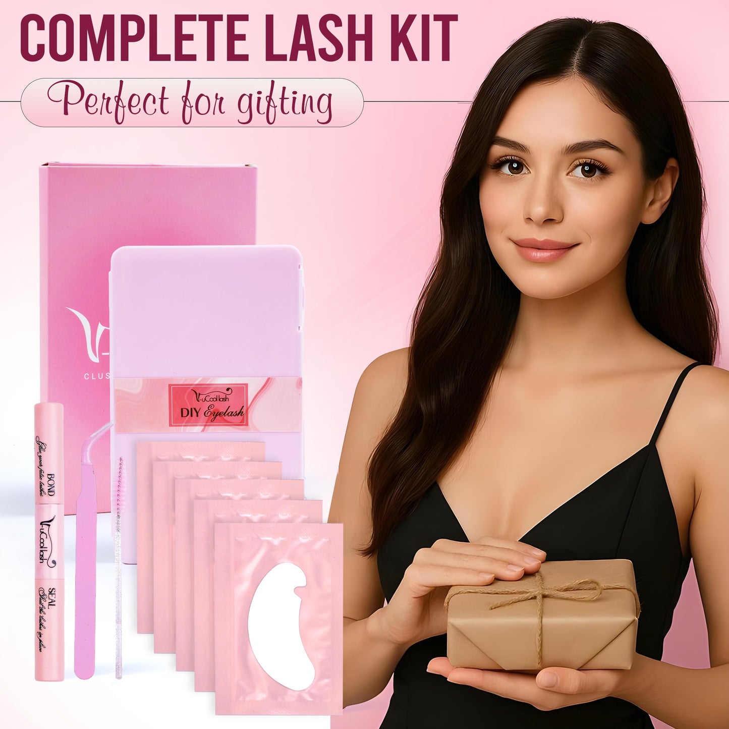 V-uCool 708 Pcs DIY Lash Clusters Kit, D Curl 30D–100D 8–16mm Mix, Fluffy Wispy Cluster Lashes with Bond & Seal, Tweezer, 5 Pads & Brush