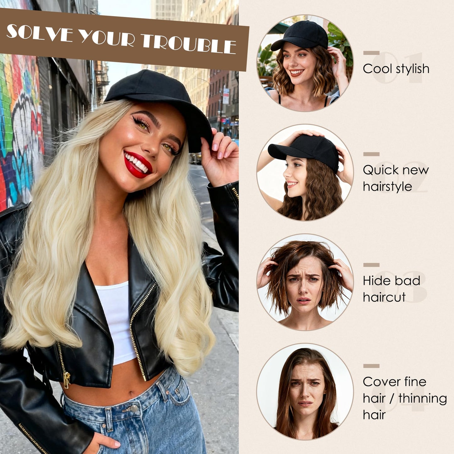 S-noilite Hat Wig for Women, Black Baseball Cap Wig with Short BOB Hair Attached Synthetic Hair Extensions Adjustable, Light Brown Highlighted Blonde