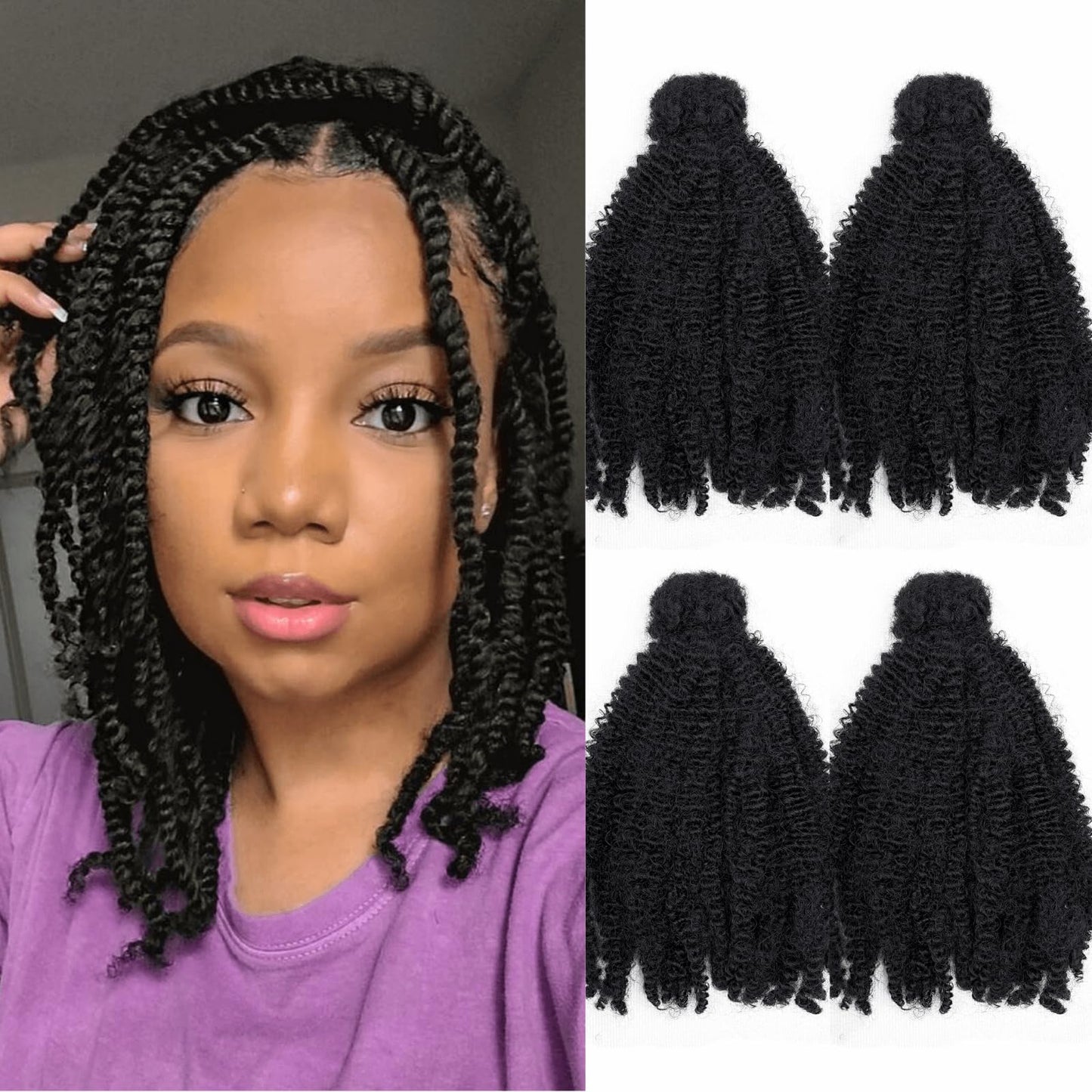 12inch Afro Kinky Bulk Hair for Micro Twist Braiding Hair, Synthetic Mini Spring Twist Curl 4 Packs 200 Gram, Natural Black 4C Afro Curly Hair Dreadlocks Extensions Repair Locs for Women(12", #1B)
