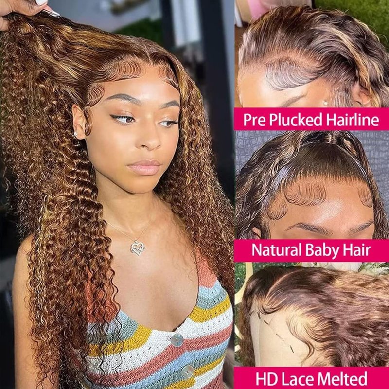 Labamiya P430 Curly Wave Human Hair Wig Highlight Brown Lace Frontal Wigs 28 Inch Human Hair Wig Color P430 Pre Plucked Pre Cut Glueless Wigs Elastic Band 200% Density