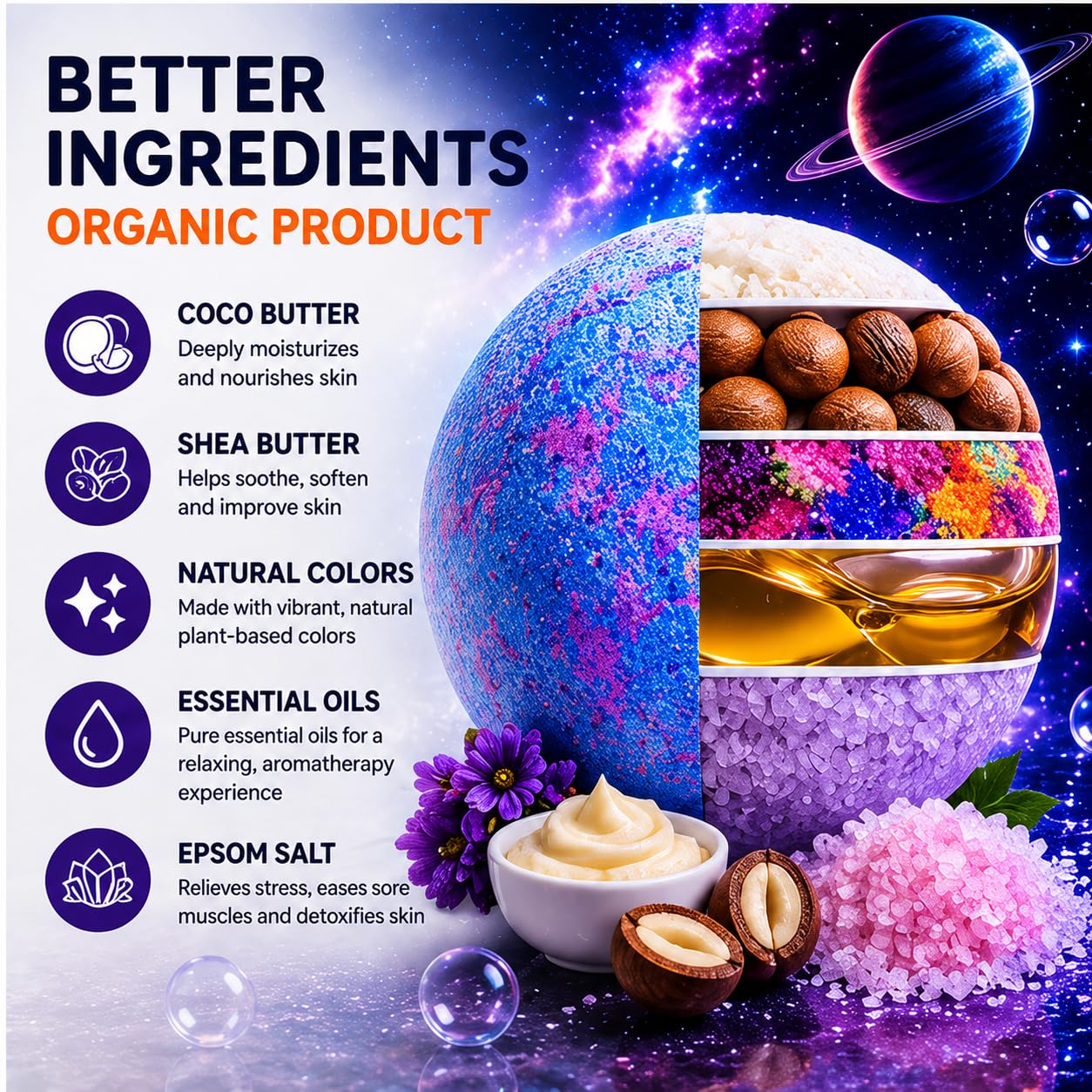 EvolutionUSA 6 Space Bath Bombs for Boys & Girls - Planet Bath Bombs Toy Inside, Organic Childrens Bathbomb Set, Cosmic Bath Fizzers, Kid Bath Bomb Gift for Valentines, Birthday, Christmas, Easter