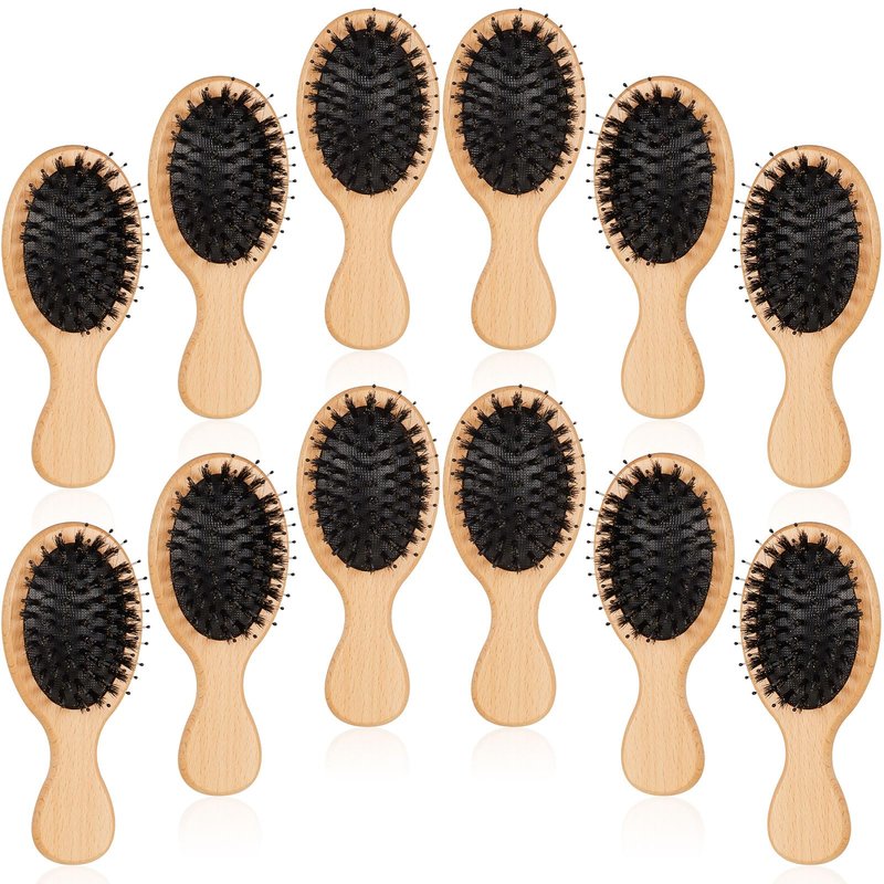 Tessco for you 12 Pcs Mini Hair Brush Bulk Mini Boar Bristle Hair Brush Wooden Paddle Travel Hairbrush DIY Gifts for Wedding Christmas Women Men Long Short Wet Dry Scalp Massage Anti Static