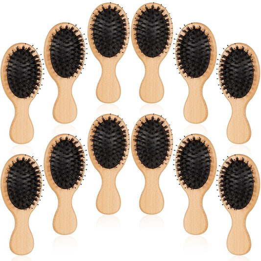 Tessco for you 12 Pcs Mini Hair Brush Bulk Mini Boar Bristle Hair Brush Wooden Paddle Travel Hairbrush DIY Gifts for Wedding Christmas Women Men Long Short Wet Dry Scalp Massage Anti Static