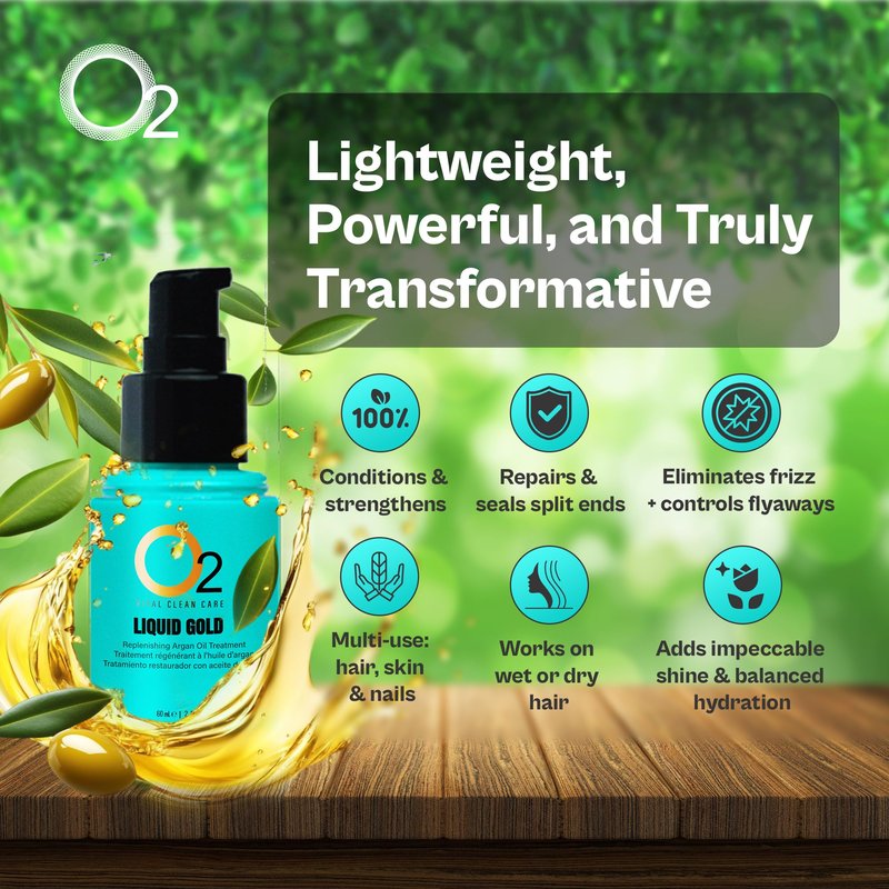 O2 Liquid Gold Replenishing Argan Oil Treatment – Lightweight Conditioning Formula That Repairs Split Ends, Eliminates Frizz, Adds Shine, and Strengthens Hair for a Smooth, Polished Finish