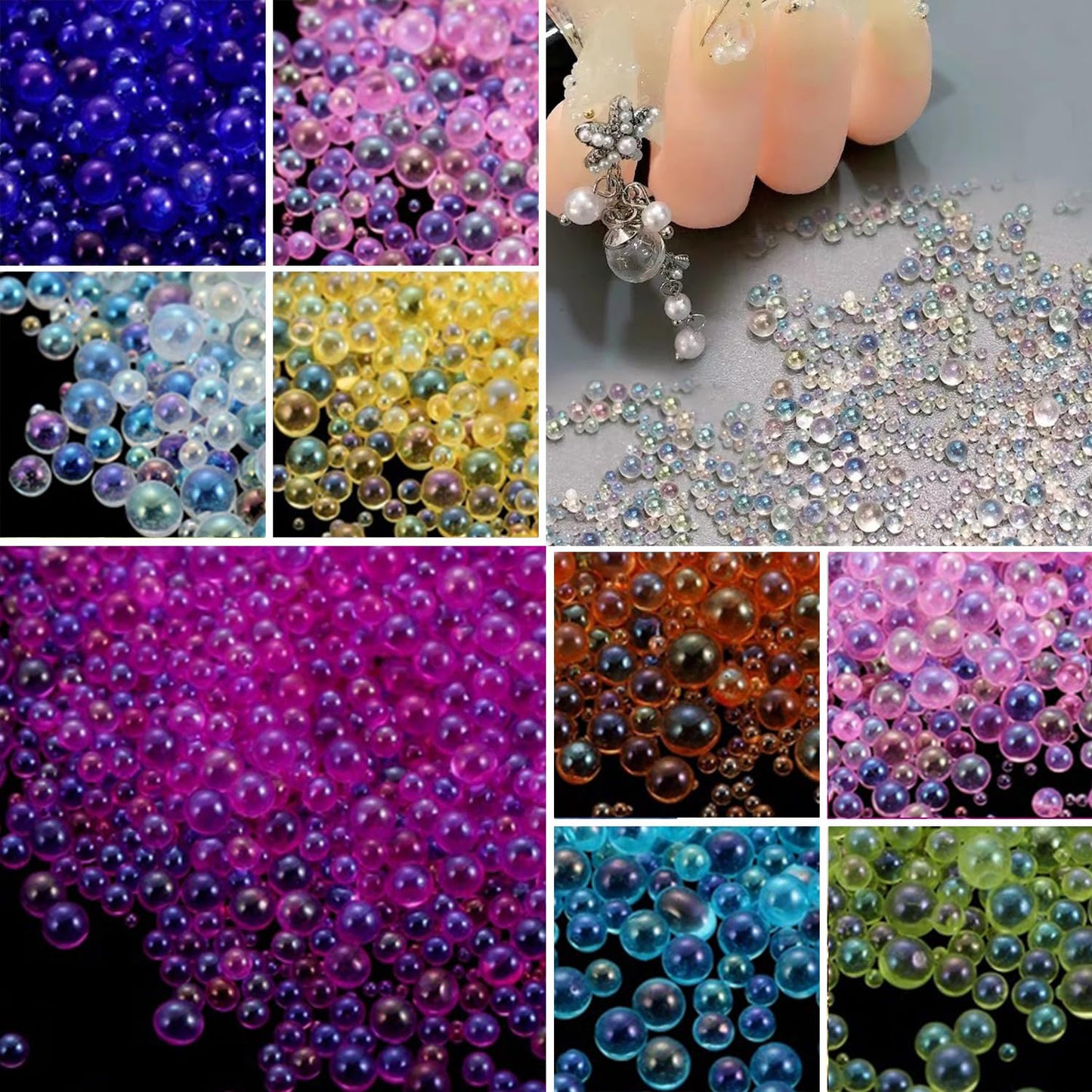 SILPECWEE 9 Boxes Mermaid Bubble Beads for Nails, Iridescent Circular Nail Rhinestones Aurora Caviar Beads Nail Pearl Crystal Diamond 3D Nail Charms Nail Decorations for Makeup DIY Accessories