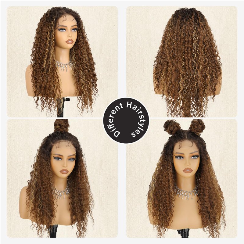 forfeels Ombre Brown Mixed Blonde Highlight Synthetic Lace Front Wig 24 Inches 13x4 HD Long Curly Wavy Lace Front Wigs for Women Daily Party Use