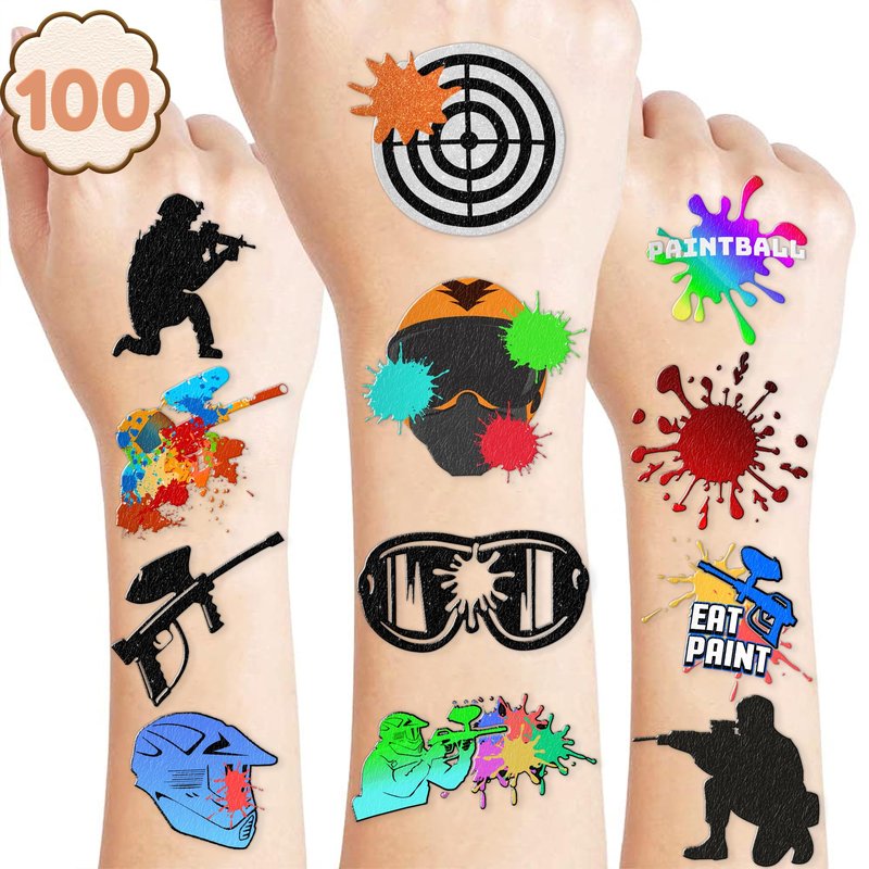 100 PCS Paintball Temporary Tattoos (10 Sheets) - Gun Shooting Themed Birthday Party Decorations & Favors, Cute Stickers Gifts for Boys, Girls, Class, School Carnival