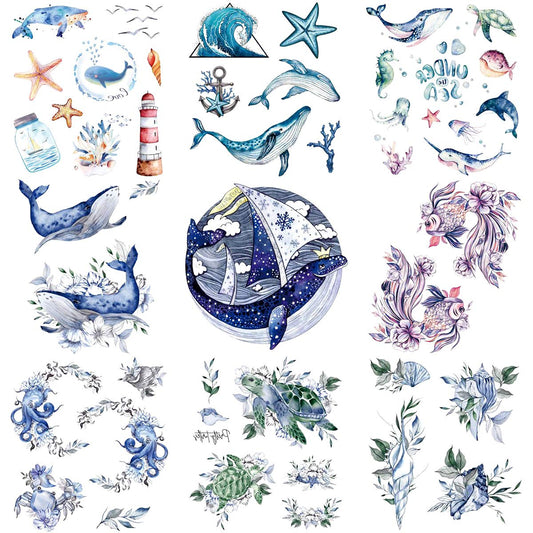 Oottati 9 Sheets Watercolor Sea Life Temporary Tattoos for Adults, Whale Turtle Anchor Lighthouse Starfish Fake Tattoo Stickers, Waterproof Long Lasting Body Art for Arm Chest