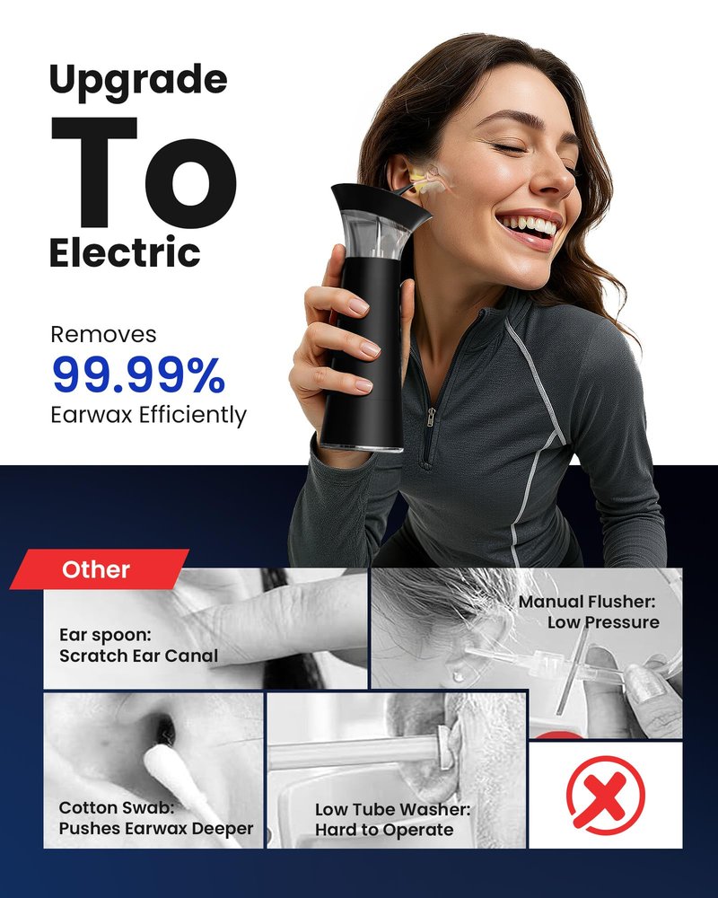 Electric Ear Wax Removal with Separated Dual Tank, IPX6 Waterproof Ear Cleaner Kit, Water Temperature Detection, Ergonomic Upright Rinse Design, USB-A to C Cable