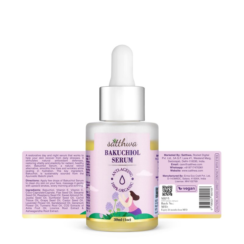 Satthwa Organic Bakuchiol Face Serum - Plumping, Anti-Aging and Reduces Wrinkles Fine Lines - Serum with Vitamin C, Ashwagandha Root Extract - Vegan & Cruelty Free- 1 FL OZ