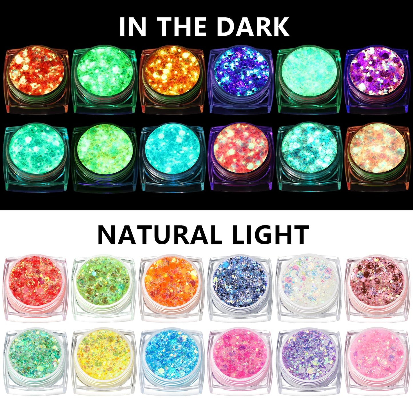 Teenitor Glow in The Dark Glitter, 12 Colors Body Glitter Face Glitter Hair Glitter Gel for UV Black Light Halloween Makeup Festivals Raves