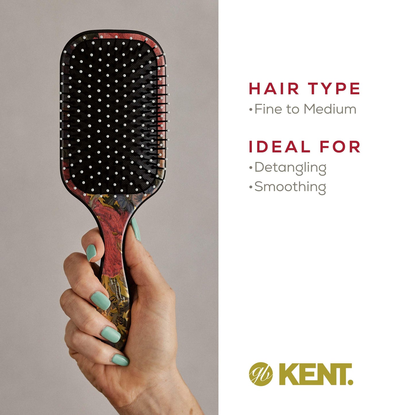 Kent LPB1 Large Paddle Cushioned Hair Brush - Grooming, Detangling, & Smoothing Floral Print - Best Everyday Brush For Medium to Long Hai