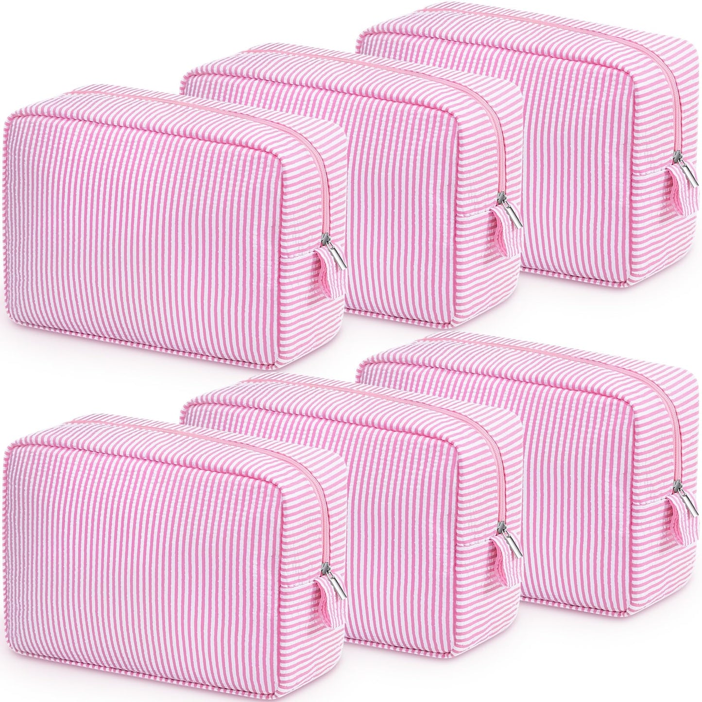 Sanwuta Seersucker Cosmetic Bag Bulk Striped Makeup Bag for Women Aesthetic Cute Travel Toiletry Organizer Preppy Storage Pouch for Wedding Bridesmaid Mother's Day Teacher Gift(Large,Pink,6)
