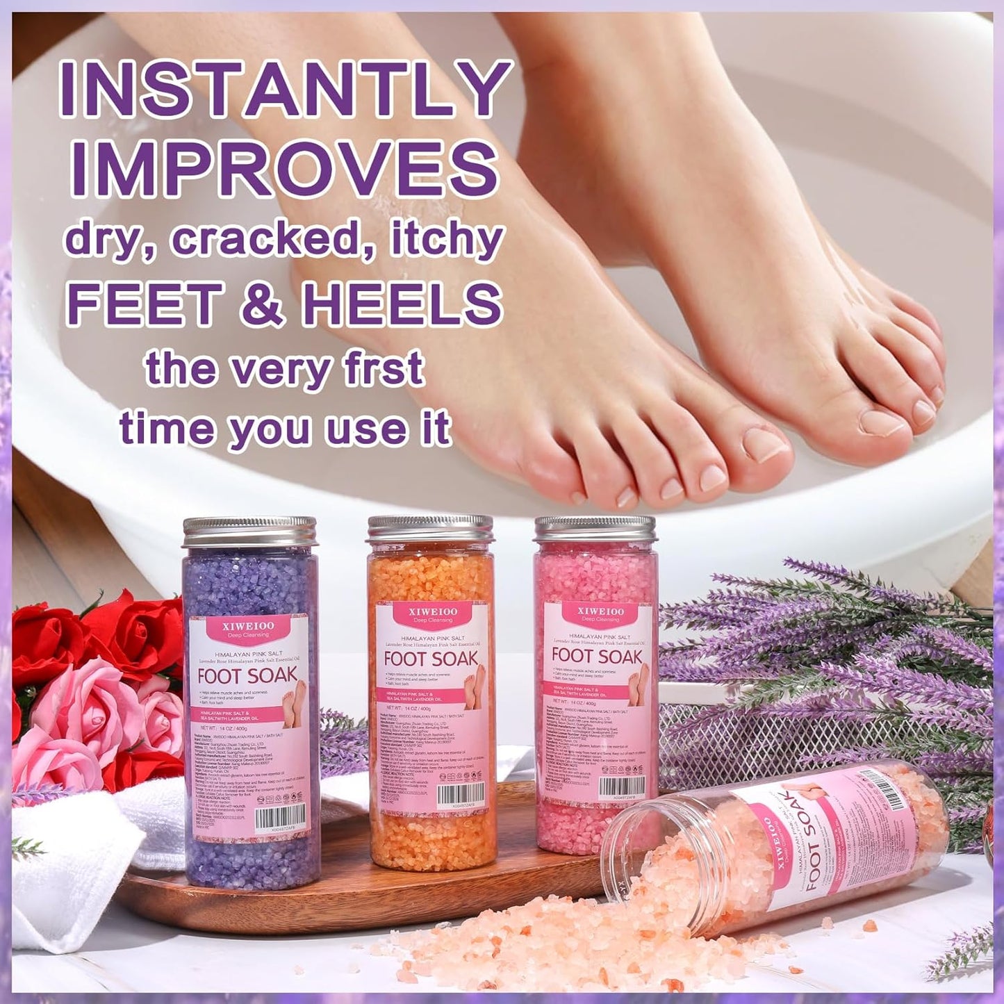 Himalayan Pink Salt Foot Soak Salts - Lavender & Tea Tree Oil | 56 OZ Kit for Athletes & Dry Skin Relief