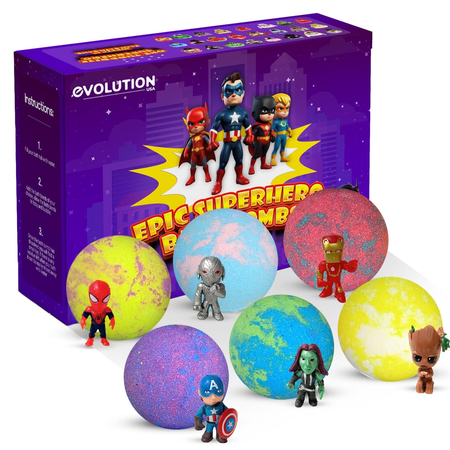 EvolutionUSA 6 Purple Epic Superhero Bath Bombs for Kids – Childrens Super Hero Bath Bombs Toy, Organic Bathbomb with Surprise, Superhero Bath Fizzers, Fun Bathbombs Birthday, Christmas, Easter
