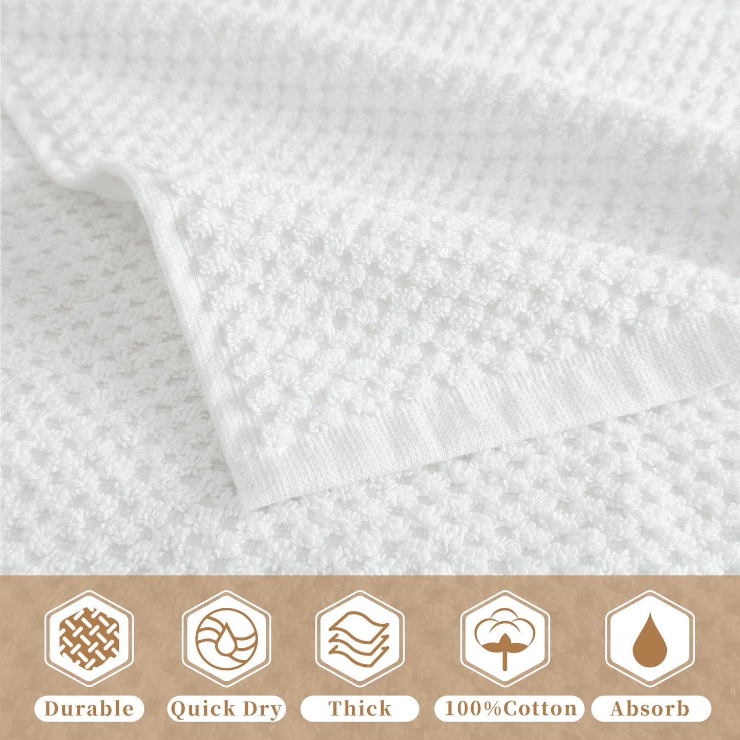 VOOVA & MOVAS Off-White Washcloths (6PC, 12"x12") - 100% Cotton | Thick | Quick Dry | Absorbent, Towels for Face, Fluffy Wash Cloths for Bathroom, Popcorn Weave Washcloths, Off-White