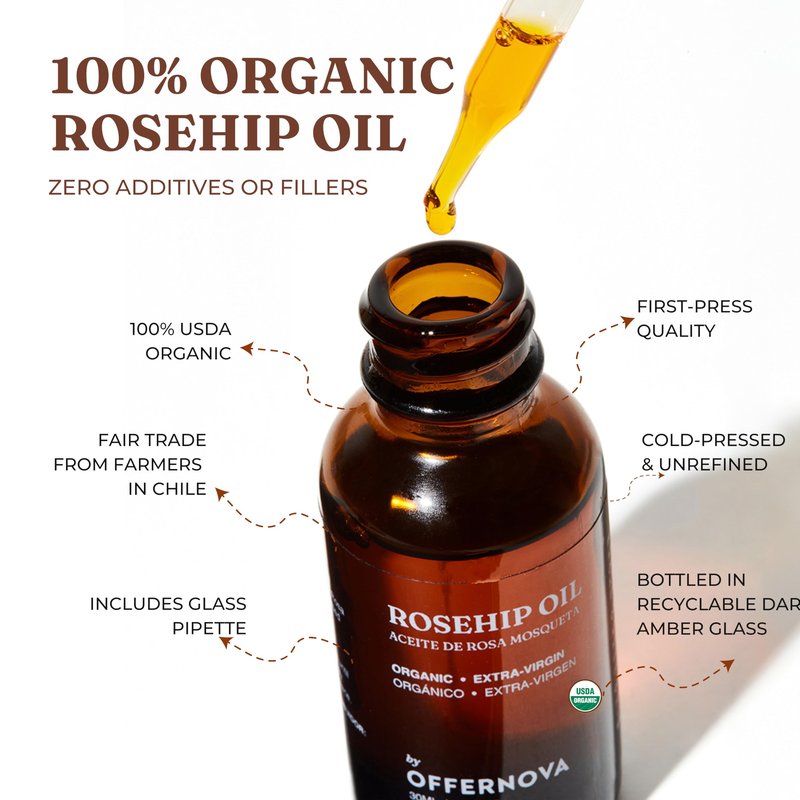 Offernova Organic Rosa de Mosqueta Oil - USDA Certified Rosehip Seed Oil Pure Cold Pressed, Repairs & Brightens Skin - Gua Sha Massage, Face, for All Skin Types - Aceite Facial 1OZ