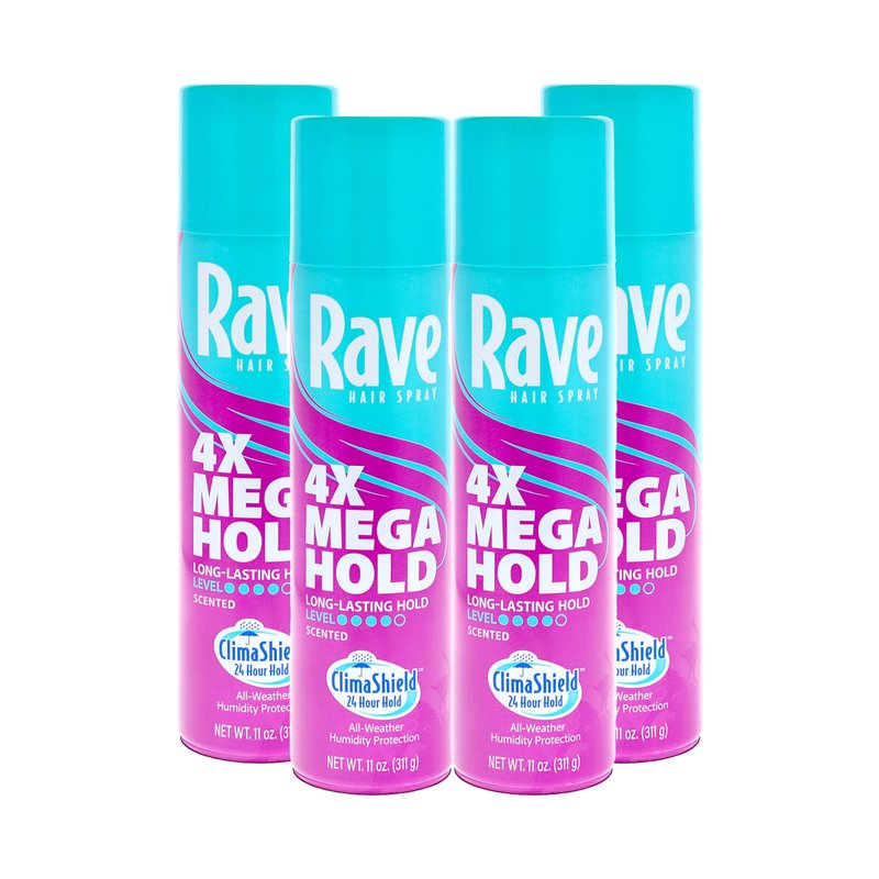 Rave 4X Mega Long-Lasting Firm Hold Scented Hair Spray for Heat Protection, Volume and Shine - ClimaShield for Extra Humidity & Minimizes Frizz - 4 pc