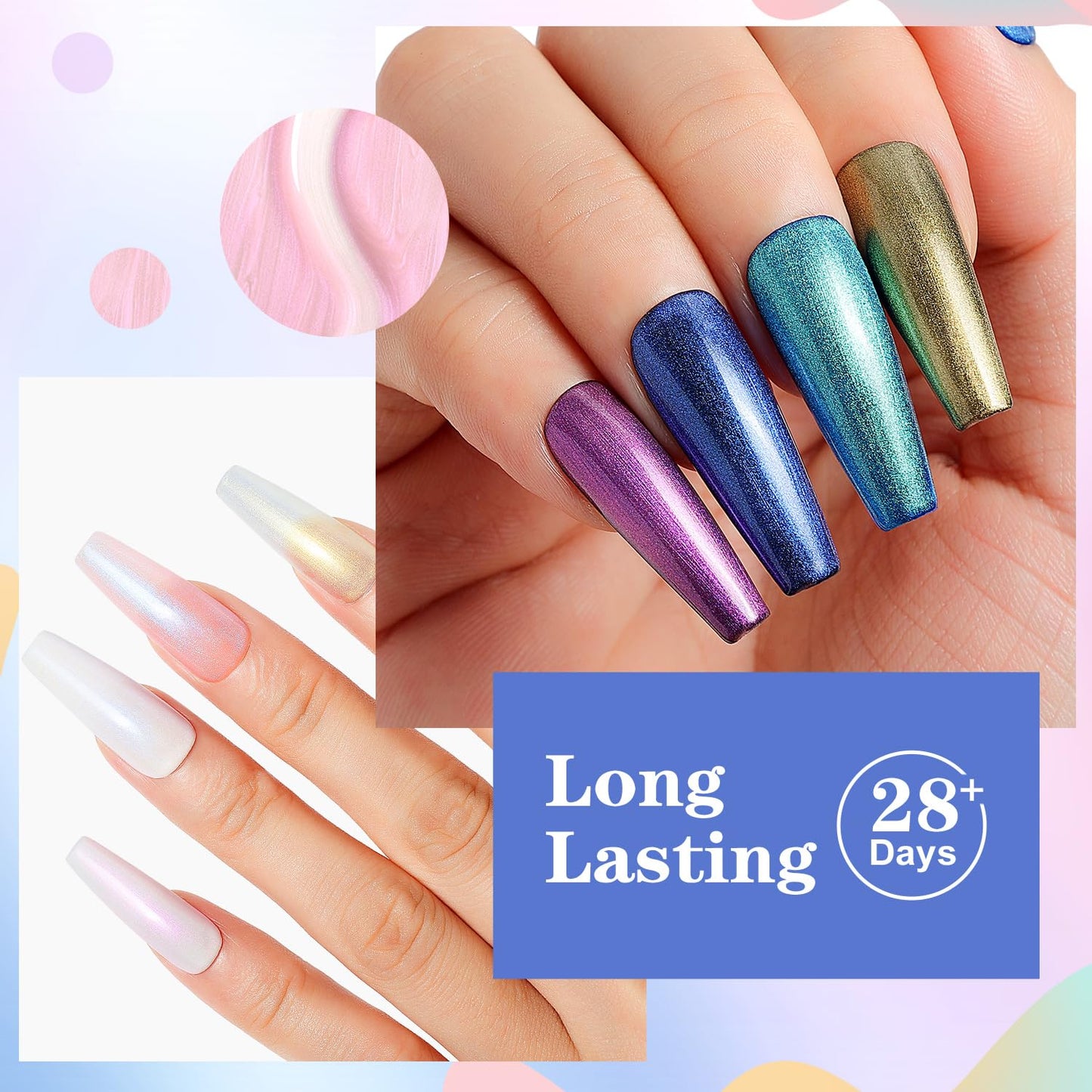 AIMEILI Gel Polish Glitter Top Coat 6 Color, Hema Free, Cruelty Free, Vegan, 2 In 1 High Glossy Shiny Pearl No Wipe Top Gel for Nail Art