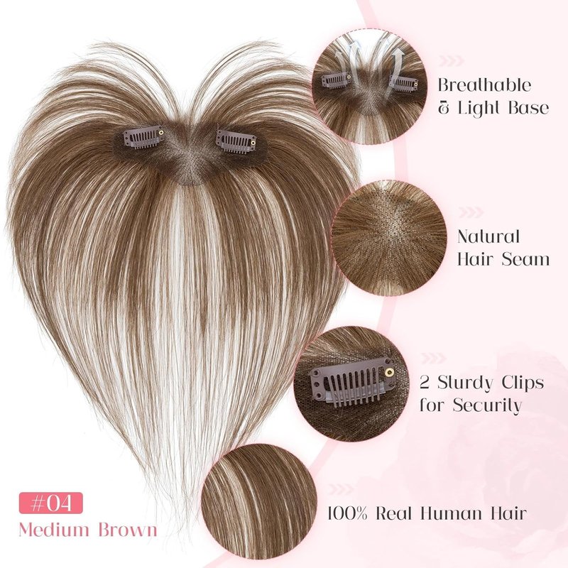Clip-In French Bangs - 100% Real Human Hair, Hand-Tied 3D Design | Medium Brown, 5 Inch Length