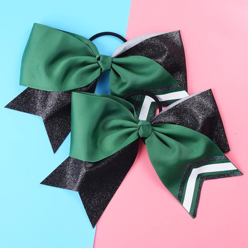 Large Glitter Cheer Bows - 8PCS Two-Toned Shiny Hair Accessories for Cheerleaders | Black/Green