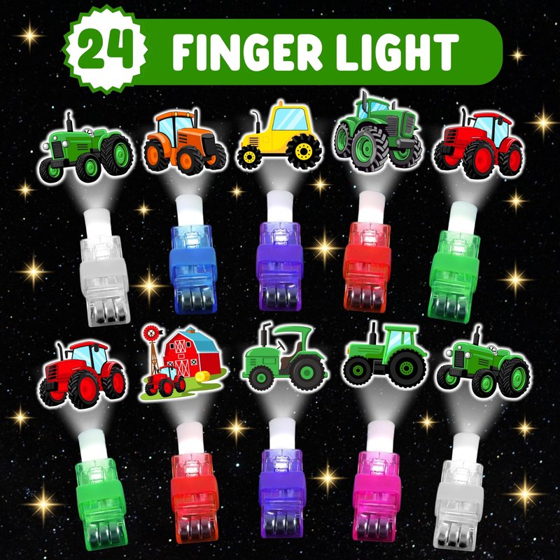 72 PCS Tractor Party Favors – 48 PCS Luminous Tattoos & 24 PCS LED Finger Lights Combo – Birthday Goodie Bag Fillers, Party Supplies, Gifts Light Up Toys Glow In The Dark for Boys and Girls