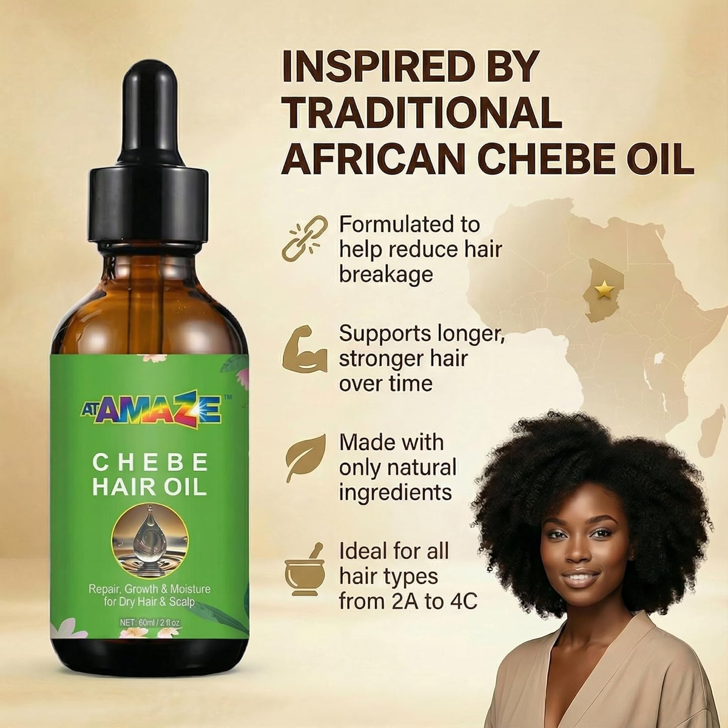 Chebe Oil for Hair Growth - Natural Hair Growth Oil for Stronger, Thicker Hair | 60 ml