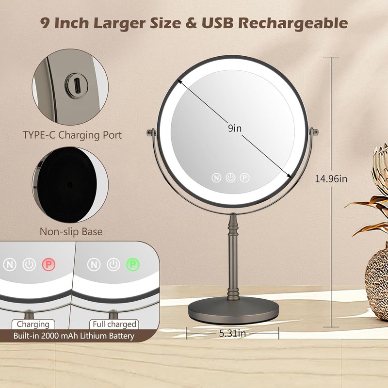 Lighted Makeup Mirror - 9" Double-Sided 1X/10X Magnification | Rechargeable with Adjustable Brightness & 80 LED Lights - Grey