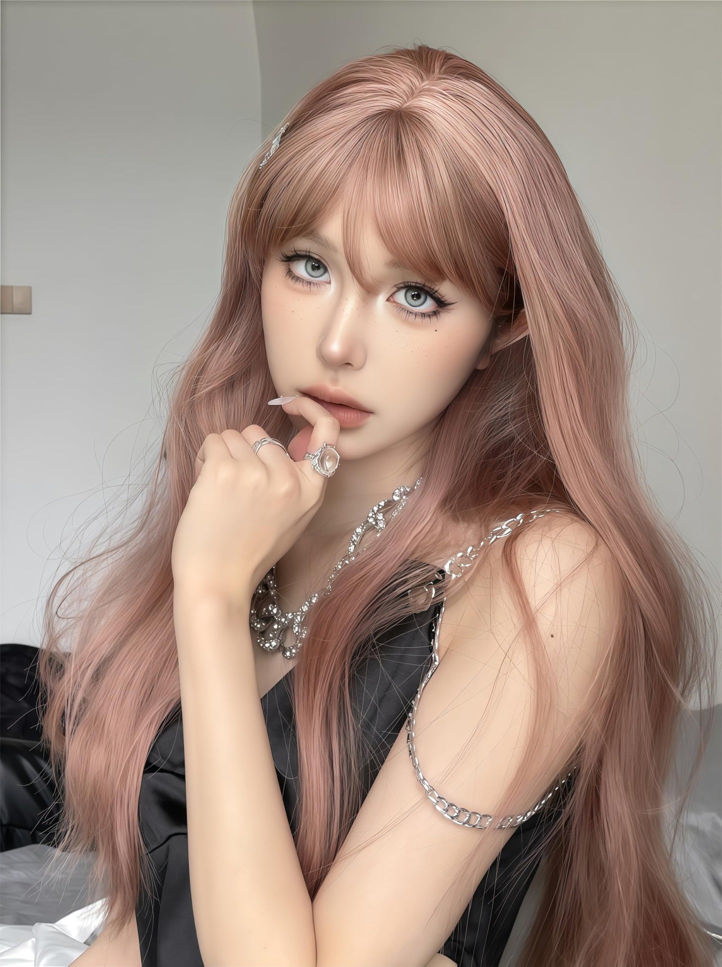 Aadesso Peach Pink Long Straight Wig 65cm Blunt Bangs Daily Synthetic Hair for Women East Asian Fashion K-pop Style Sweet Fresh Heat Resistant wig cap (25.6 Inch)