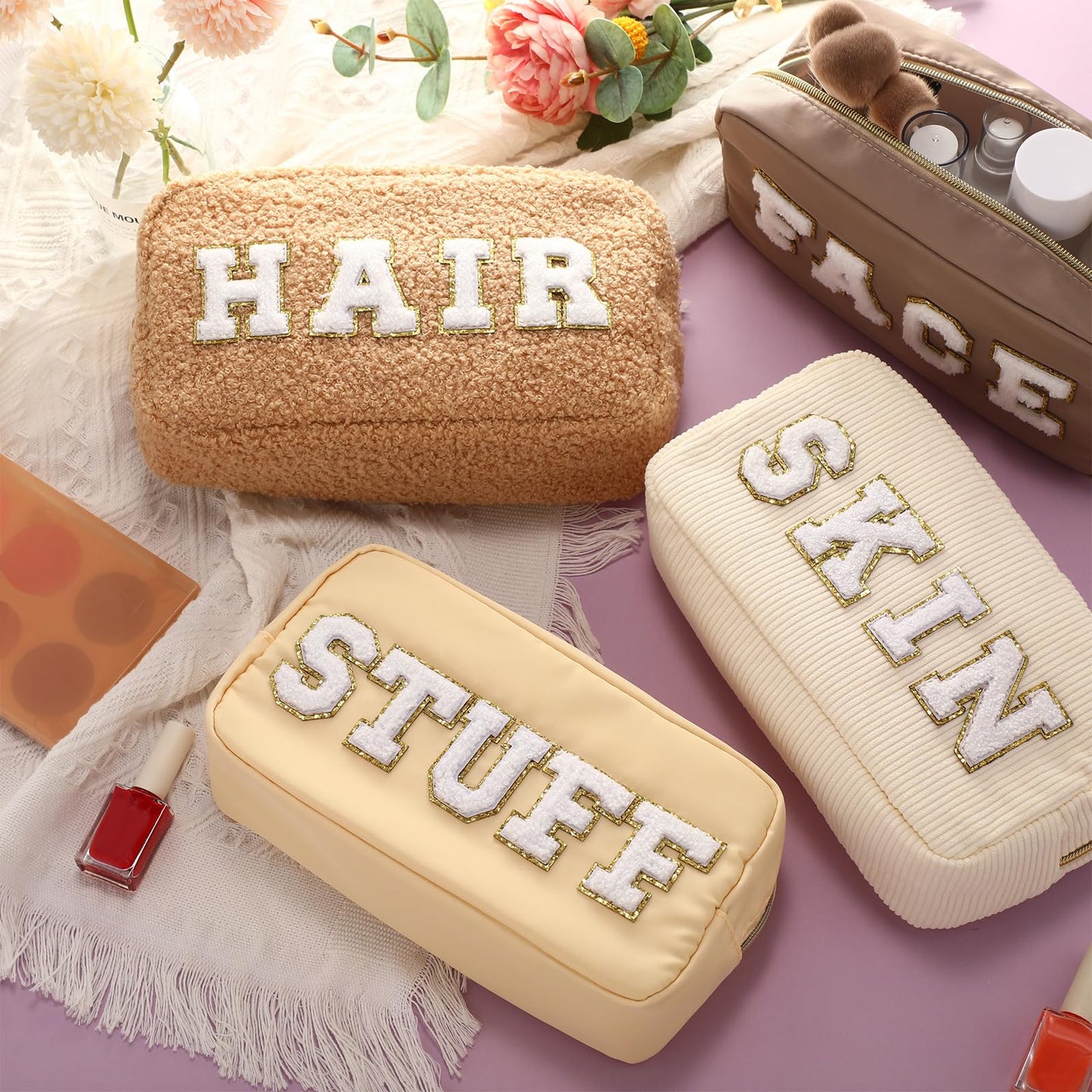 Kajaia 4 Pcs Preppy Makeup Bags Chenille Letter Bag Hair Face Skin Stuff Cosmetic Pouch Cases for Women Travel Toiletry Spend The Night(Beige, Brown, Milk White, Coffee,Fresh)