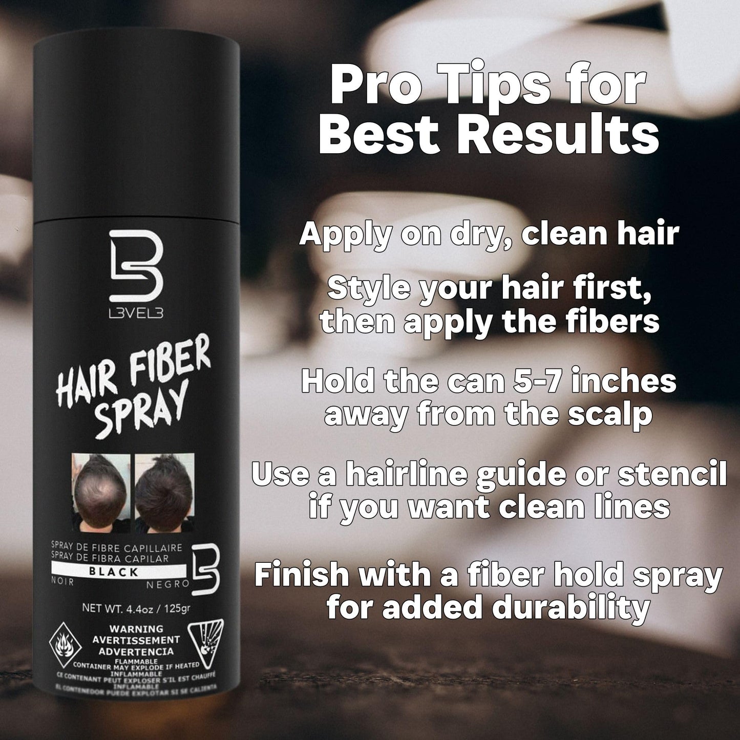 Level 3 Black Hair Fiber Spray - Covers Bald Spots & Thinning Hair - Instant Gray Coverage & Thicker Hair Appearance - Hair Enhancement Spray - 4.4 oz