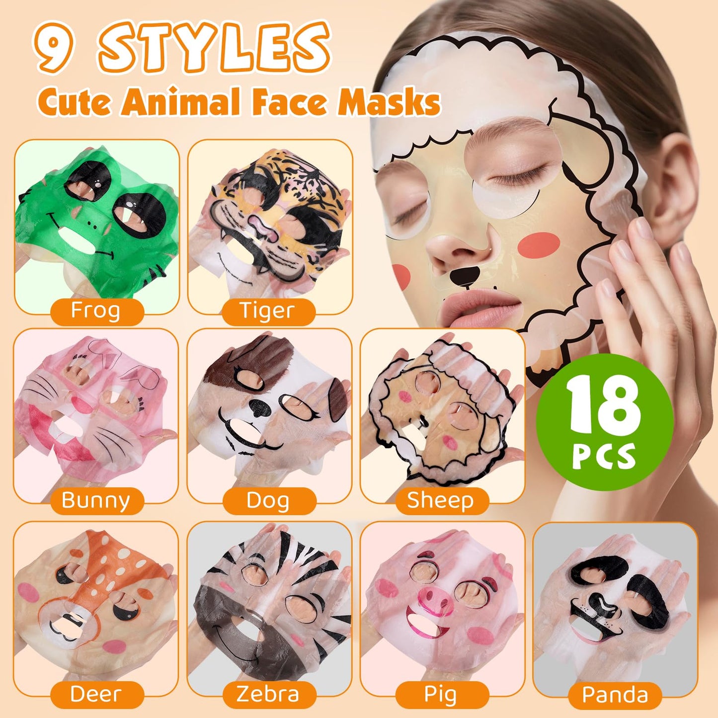 KONEUK 18 Pack Animal Face Mask for Kids, Bulk Sheet Face Masks Skincare for Girls, Collagen Hydrating Face Mask Spa Party Gifts for Teens, Sleepover Party Supplies, Birthday Gifts for Women