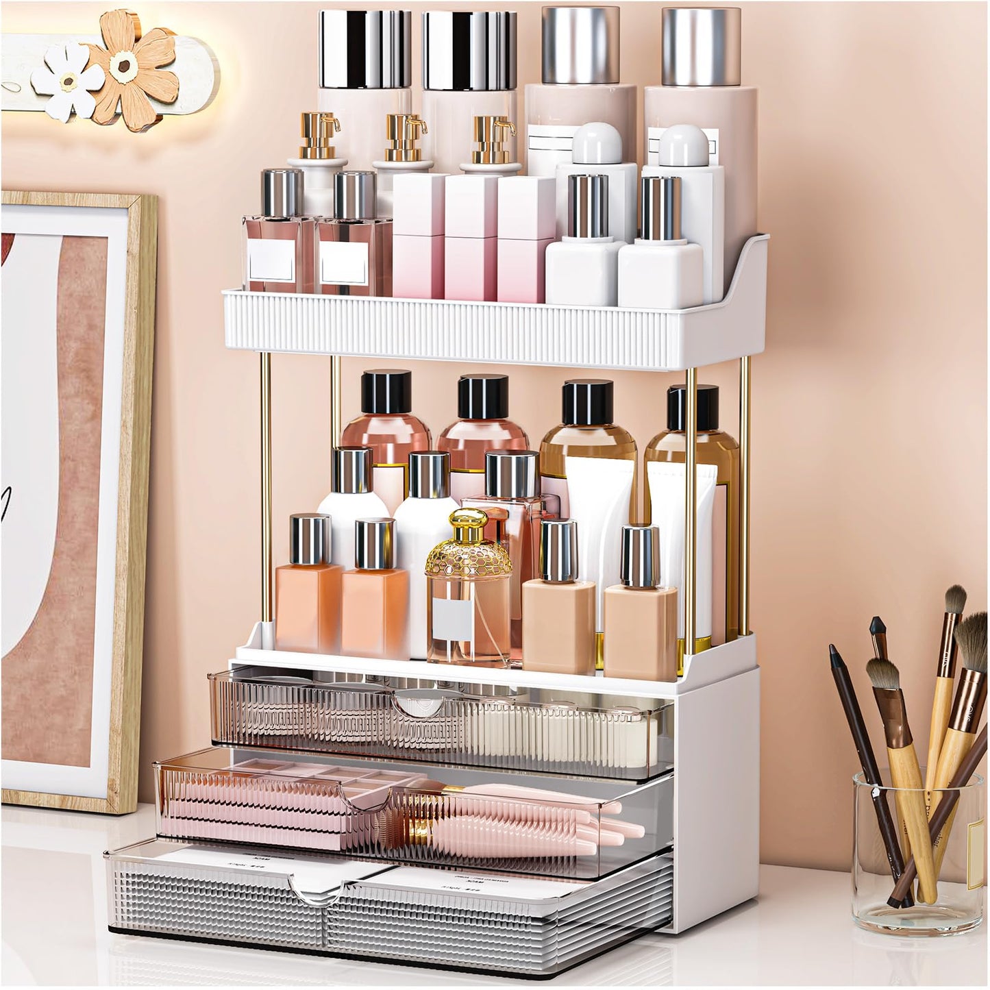 caktraie Bathroom Organizers and Storage - 3 Drawers 2 Tier Makeup Organizer, Cosmetic Storage Drawer for Dresser Countertop and Bathroom Vanity for Large Skincare, Perfume, Grey