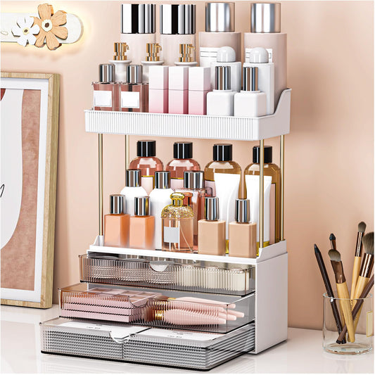 caktraie Bathroom Organizers and Storage - 3 Drawers 2 Tier Makeup Organizer, Cosmetic Storage Drawer for Dresser Countertop and Bathroom Vanity for Large Skincare, Perfume, Grey