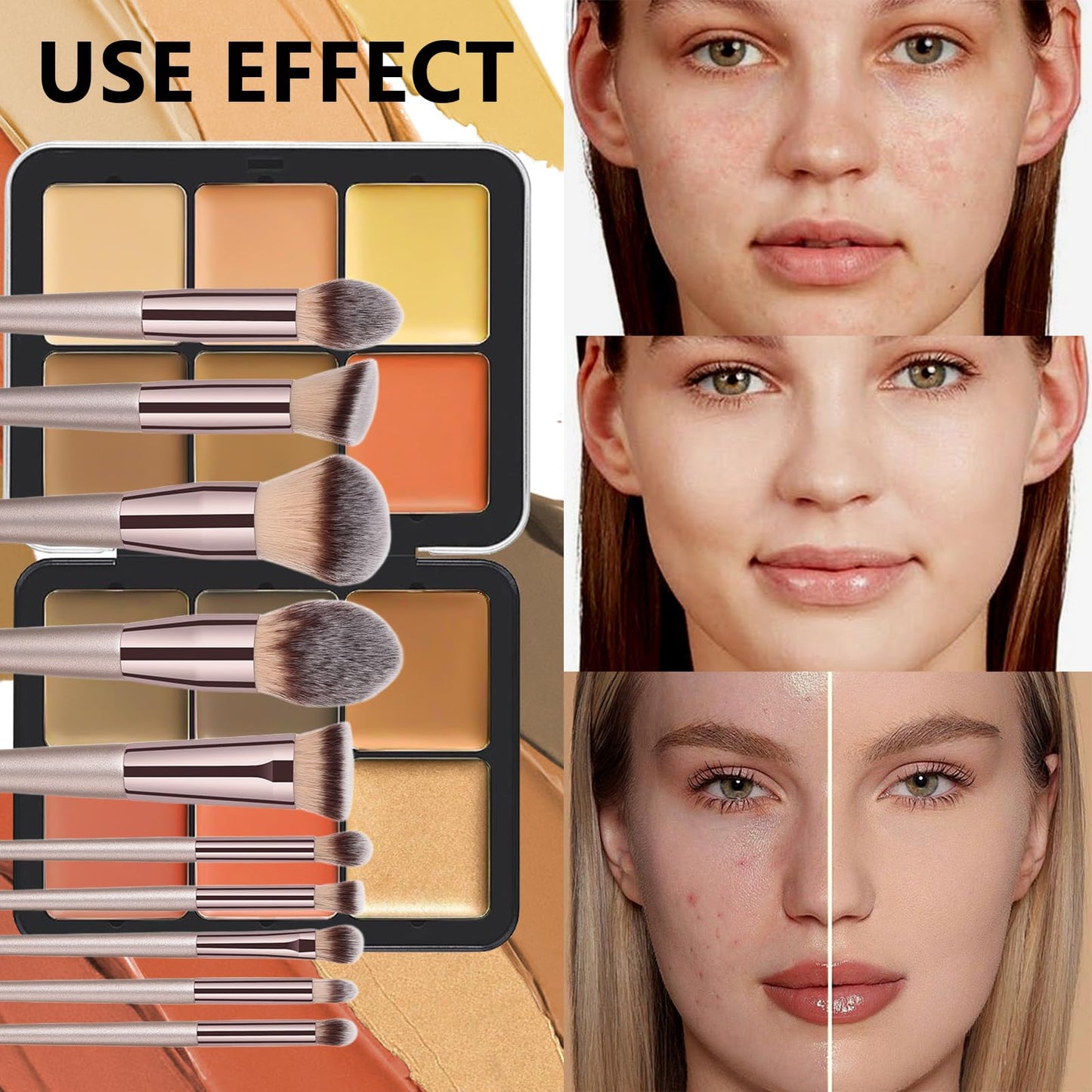 JasCherry 12 Colors Blush Palette, Colour Correcting Concealer Foundation Palette, 10 Makeup Brush Set, Highlighter Bronzer Contour Concealer Cream Matte Long Lasting Brightening Face Cosmetics