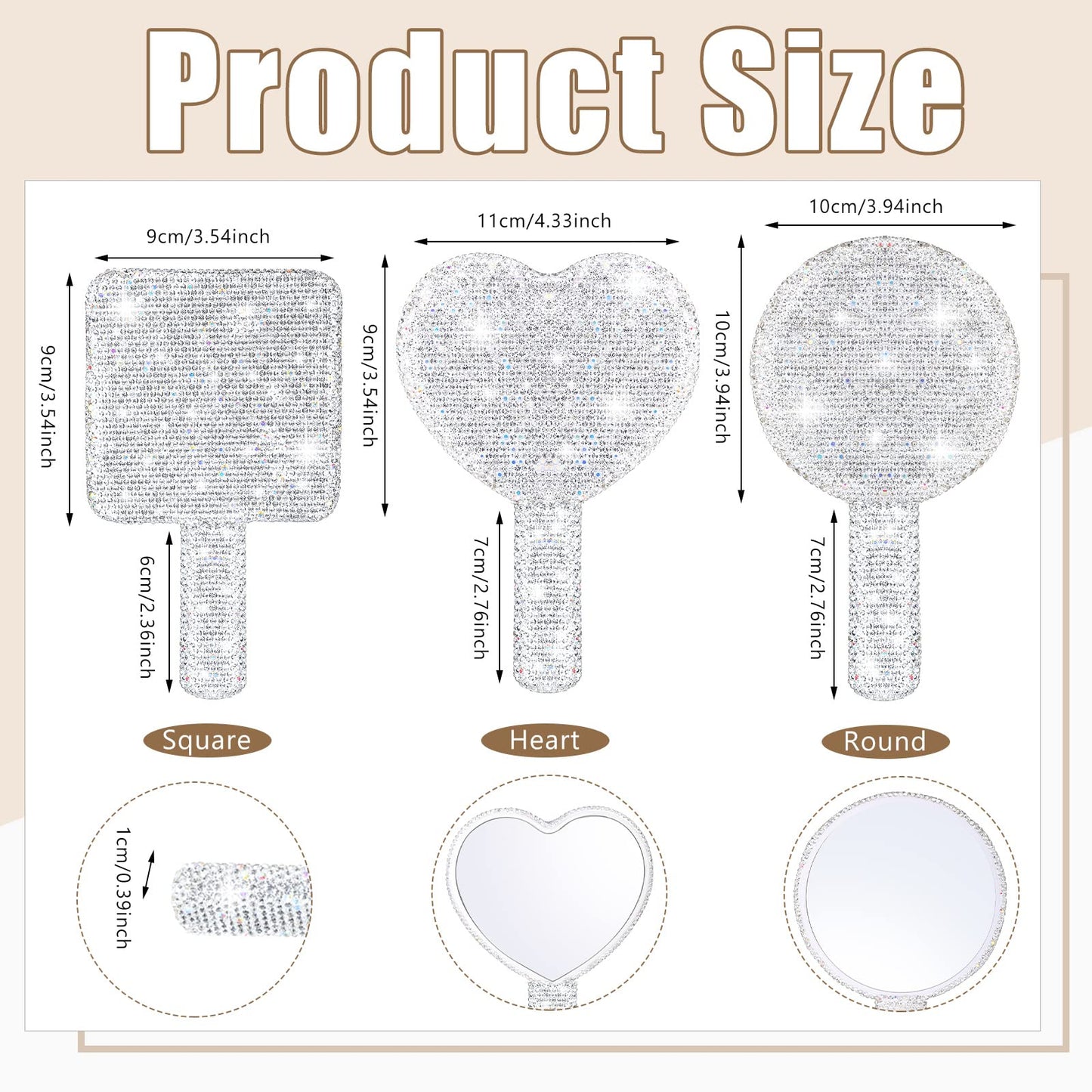 Bucherry 3 Pcs Rhinestone Hand Mirror Heart Shaped Bling Dazzling Hand Held Square Round Shape White Cosmetic Portable Decorative Personal Makeup Mirrors for Women Wedding Gift