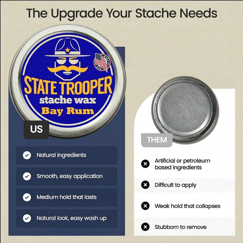 State Trooper Bay Rum - Medium Hold Mustache Wax with Beeswax, Coconut Oil & Lanolin – Natural Moustache Grooming & Styling - Nourishing Moustache Conditioner & Sculpting - 2 Ounce Tin