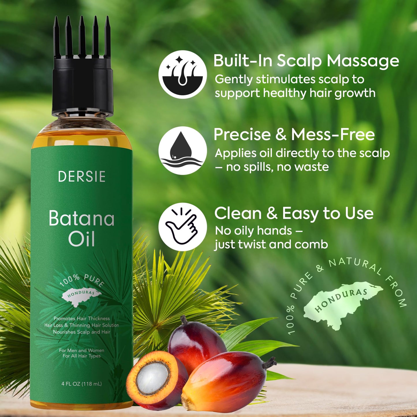 Dersie Batana Oil with Massager Applicator: Organic Batana Oil from Honduras - 100% Pure & Natural (4 fl oz)
