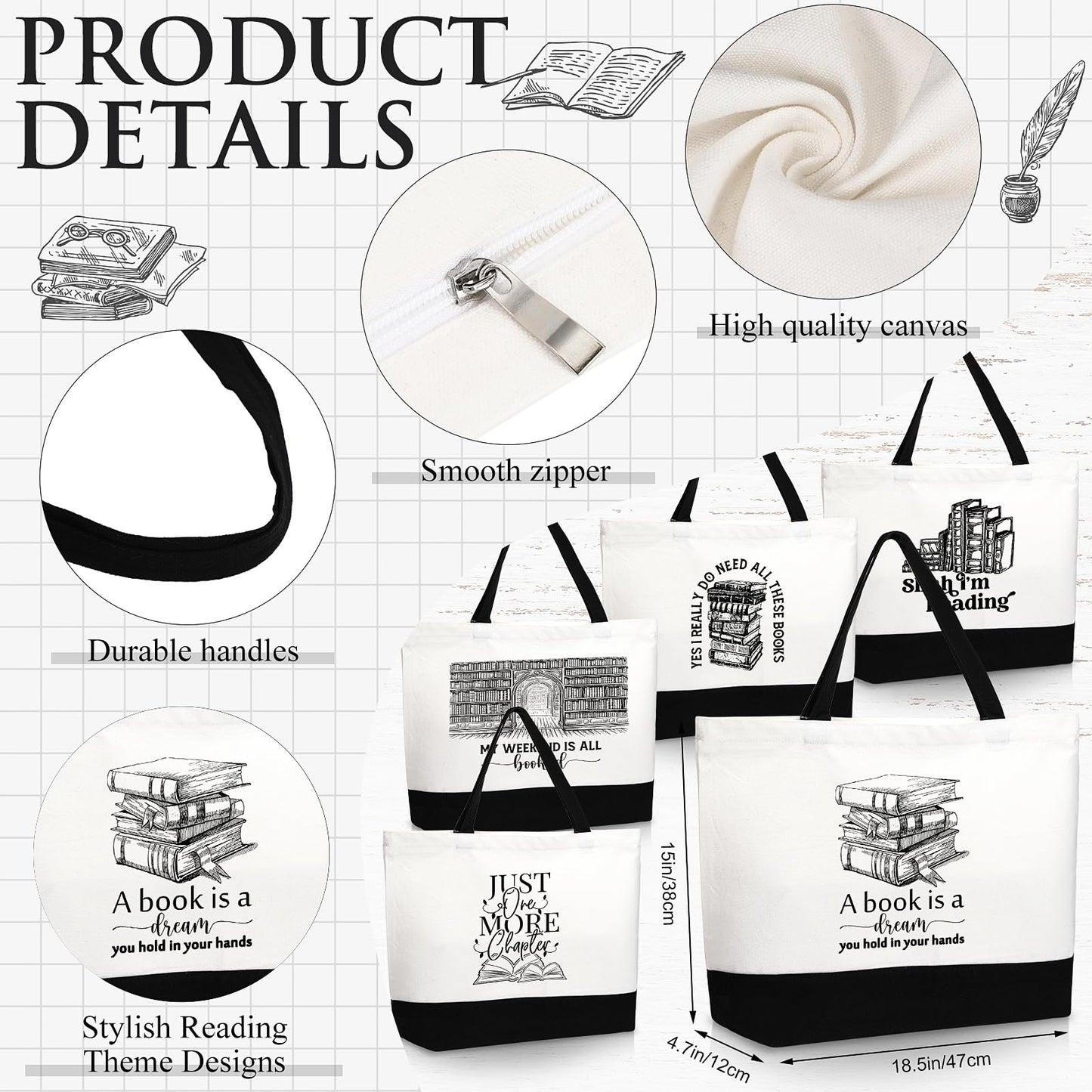 Locmeo 12 Pcs Book Lovers Gifts Book Club Tote Bag Reading Quote Makeup Reusable Cosmetic Bag with Metal Zipper Bookish Librarian Appreciation Gifts for Women Bookworm Teacher Student