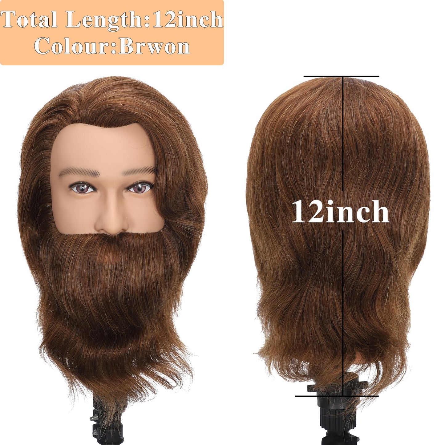 TKIMHEQ 14" Male Mannequin Head with Beard 100% Human Hair Haircut Manikin Head for Cosmetology Straight Thick Hair Doll Head with Human Hair with Stand Practice Cutting Styling (Brown#)
