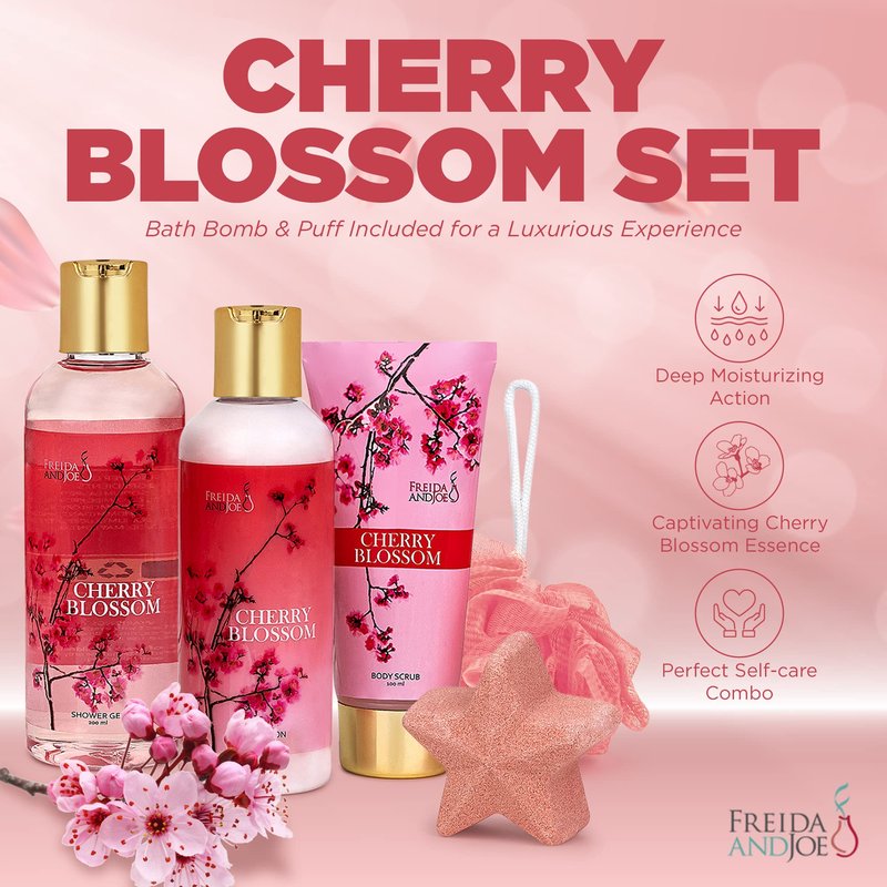 Fragrance Bath & Body Collection Gift Box, Includes Shower Gel, Body Lotion, Body Scrub, Bath Bomb & Sponge (Cherry Blossom Bath & Body Collection)