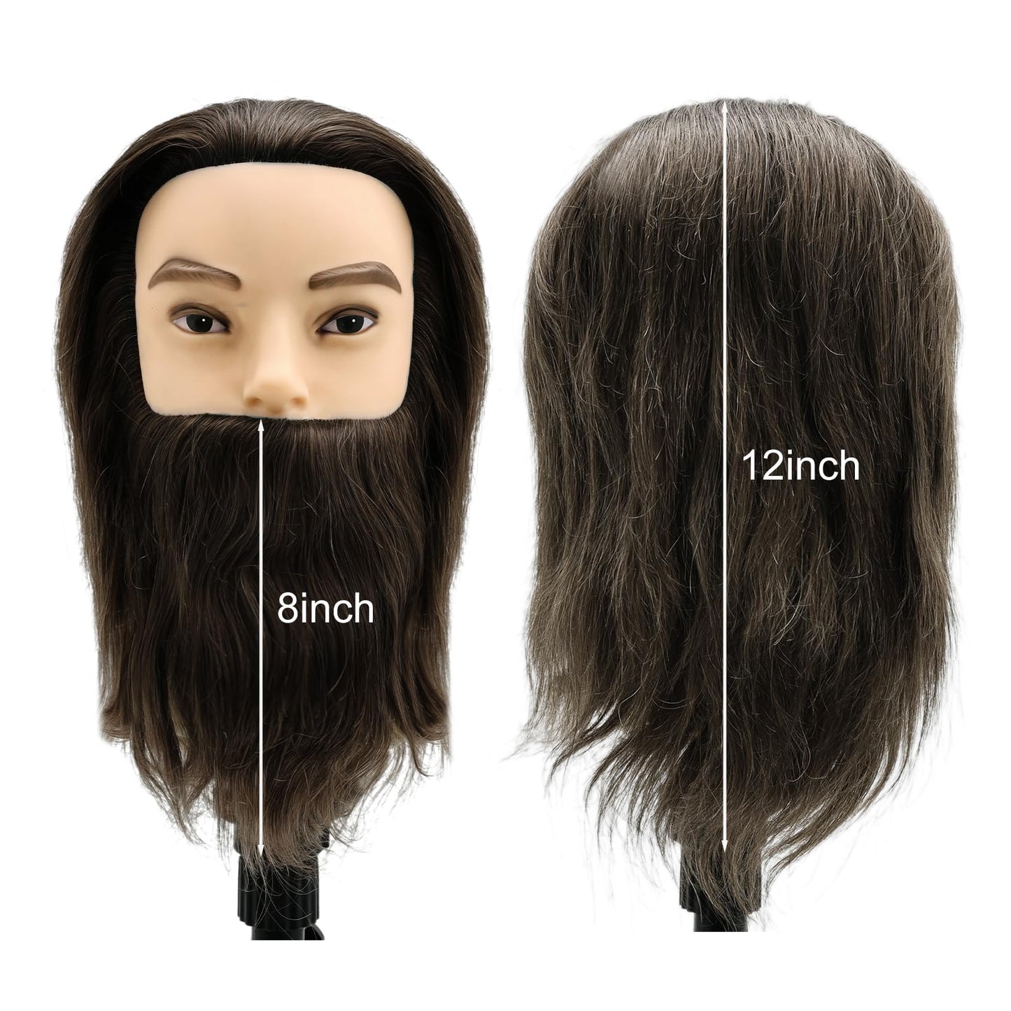 Yekavo Male Mannequin Head, Barber Mannequin Head Male 100% Human Hair With Beard, Professional Training Head with Real Hair for Practicing Hair Cutting & Styling, Black