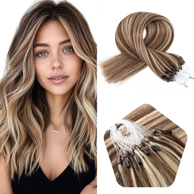 Micro Bead Hair Extensions Human Hair 1g/Strand Micro Link Hair 50g Loop Ring 14 Inch, 4/613 Medium Brown Mix With Blond Bead Hair Extensions