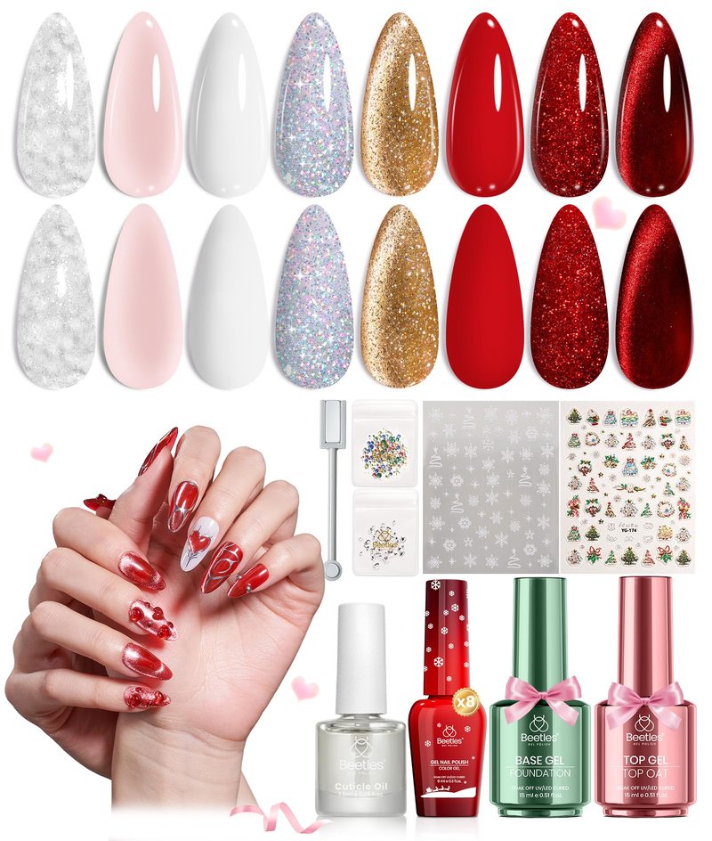Beetles Gel Nail Polish Set - 8 Holiday Colors Gel Nail Gift Box with Base&Top Coat, Red Cat Eye White Gold Silver Nude Nail Kit, Uv Led DIY Salon Manicure Kit Beauty Gifts for Women